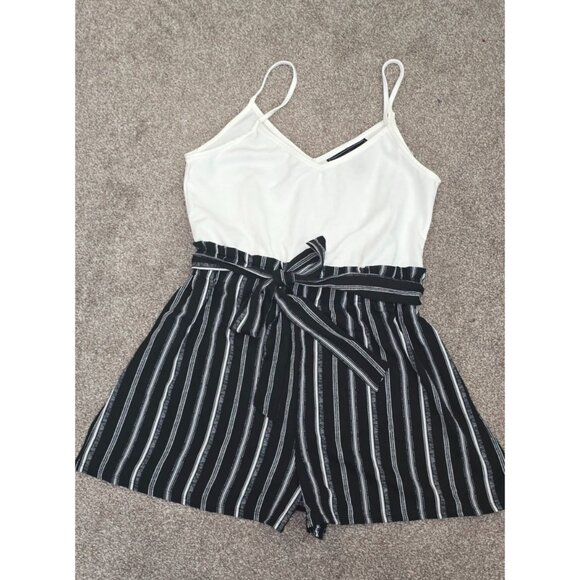 Polly & Esther Striped Black & White Sleeveless Romper With Adjustable Waist Tie - Picture 8 of 8